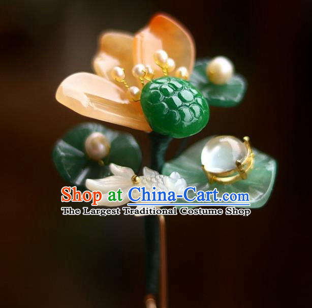 Chinese Ancient Princess Jade Lotus Leaf Hairpin Traditional Song Dynasty Palace Lady Goldfish Hair Stick