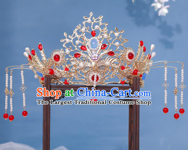 Chinese Ancient Bride Golden Hair Crown Traditional Ming Dynasty Wedding Tassel Phoenix Coronet