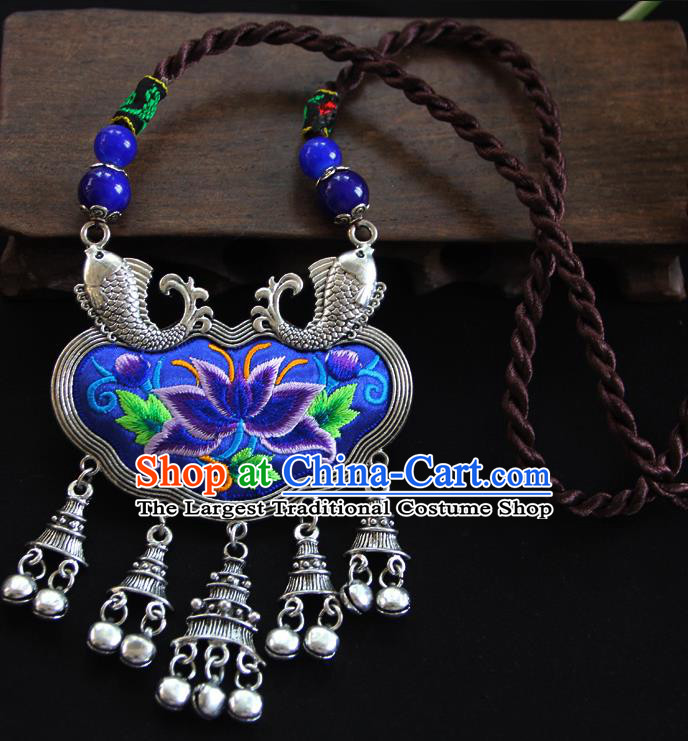 China Traditional Miao Minority Embroidered Royalblue Necklace Handmade Ethnic Silver Bells Necklet Accessories