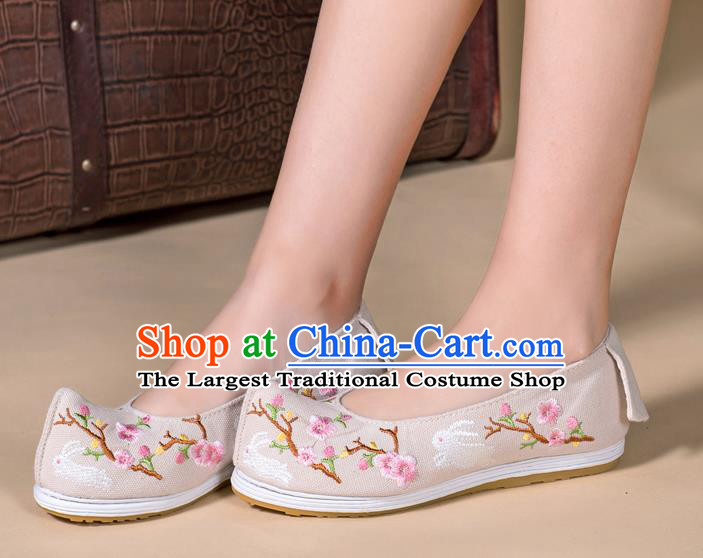 Chinese Handmade Embroidered Plum Beige Cloth Shoes Classical Dance Shoes Traditional Hanfu Bow Shoes
