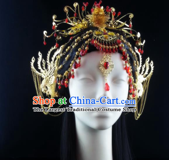 China Ancient Princess Hair Accessories Handmade Traditional Wedding Golden Hair Crown Hairpins Full Set