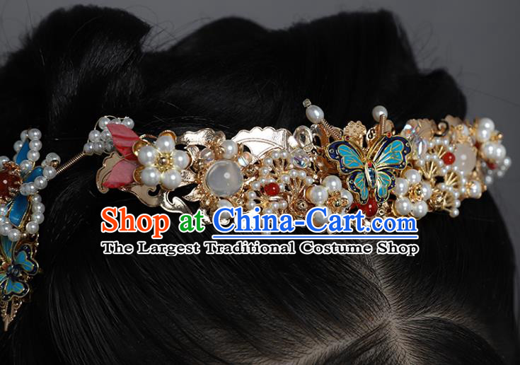 China Ancient Imperial Concubine Pearls Hairpin Traditional Ming Dynasty Princess Blueing Butterfly Hair Crown