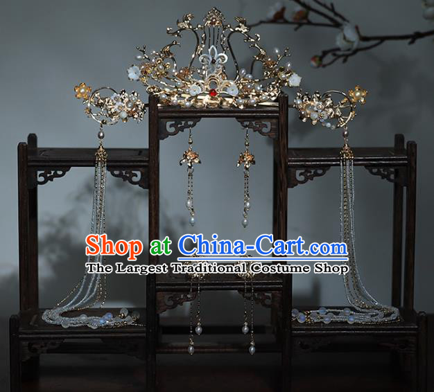 China Ancient Princess Hair Accessories Traditional Ming Dynasty Wedding Tassel Hair Crown and Hairpins Full Set