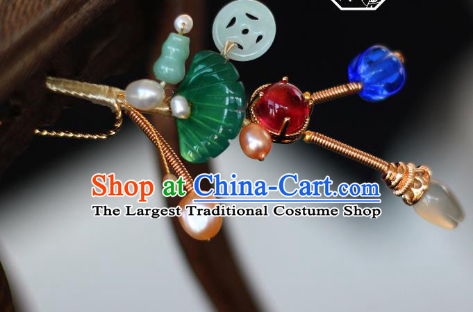 China Ancient Princess Pearls Jade Hairpin Traditional Qing Dynasty Queen Gems Hair Stick