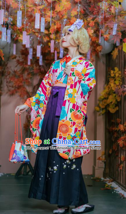 Japanese Traditional Young Lady Costumes Asian Japan Cosplay Kimono Printing Blouse and Hakama Pants