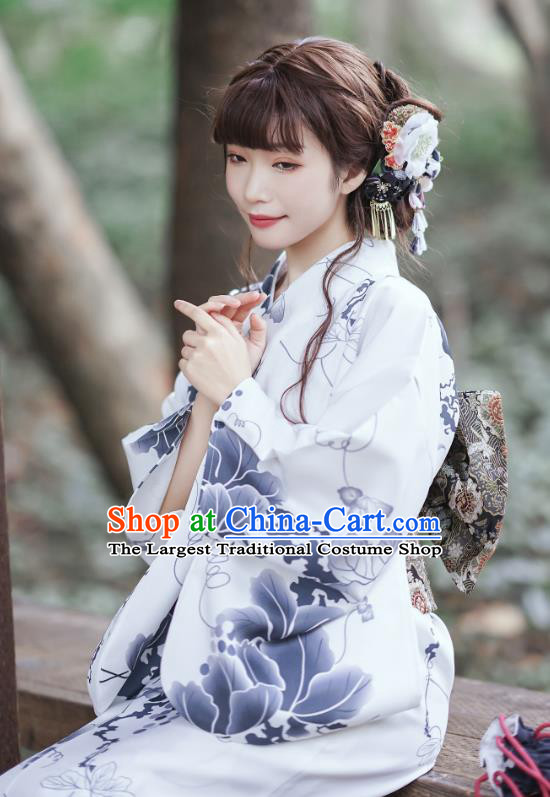 Asian Japan Young Lady Kimono Dress Japanese Traditional Printing White Yukata Costume