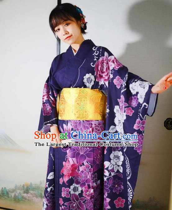Asian Japan Middle Age Woman Furisode Kimono Costume Japanese Traditional Printing Flowers Purple Yukata Dress