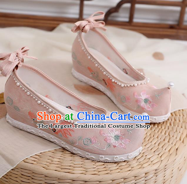 China Ancient Ming Dynasty Princess Shoes Embroidered Lotus Goldfish Pink Shoes Traditional Hanfu Shoes