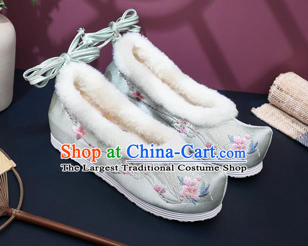 Chinese Classical Wedge Heel Shoes National Winter Shoes Traditional Embroidered Grey Satin Shoes