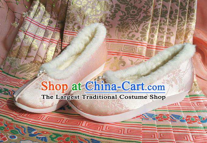 China Ming Dynasty Princess Shoes Ancient Winter Shoes Traditional Hanfu Pink Satin Shoes