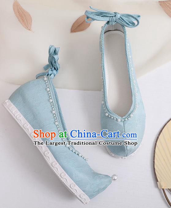 China Handmade Blue Cloth Shoes Ancient Princess Bow Shoes Classical Dance Shoes