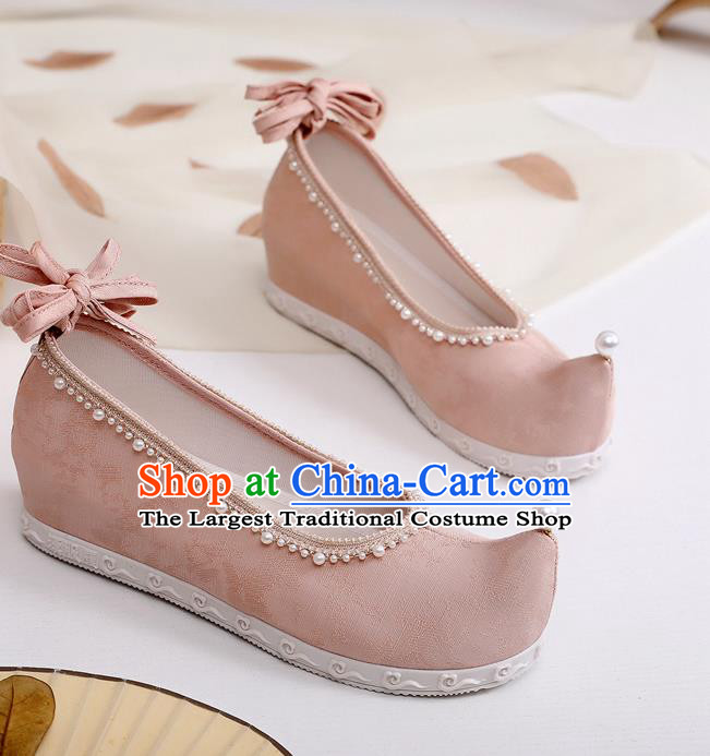 China Classical Dance Bow Shoes Handmade Pink Cloth Shoes Ancient Princess Hanfu Shoes