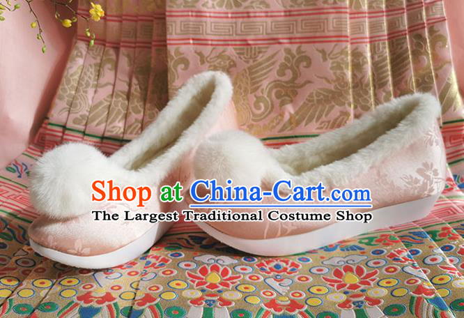 China Ancient Hanfu Winter Shoes Traditional Pink Satin Shoes Ming Dynasty Princess Shoes