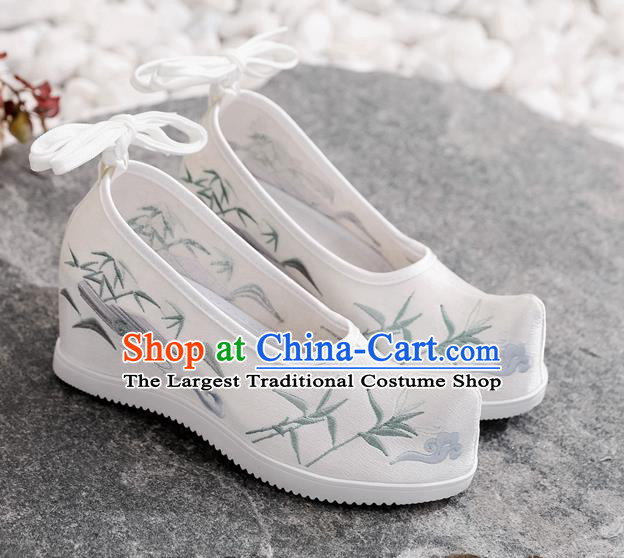 Chinese National Woman Shoes Traditional Hanfu White Satin Wedge Heel Shoes Embroidered Bamboo Leaf Shoes