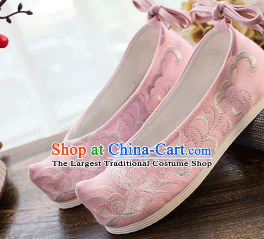 China Traditional Hanfu Shoes Handmade Folk Dance Shoes Embroidered Pink Cloth Bow Shoes