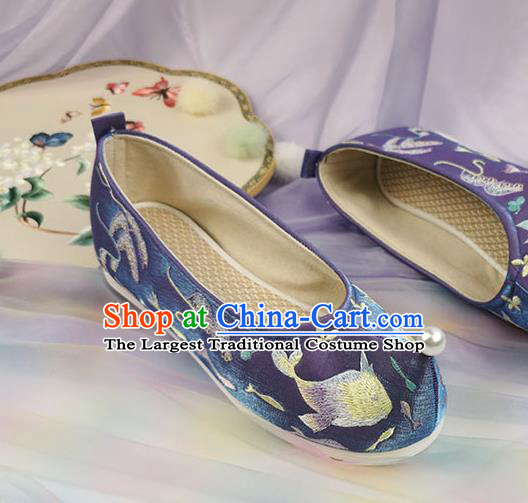 China Handmade Ming Dynasty Bow Shoes Ancient Princess Embroidered Shoes Traditional Hanfu Purple Satin Shoes