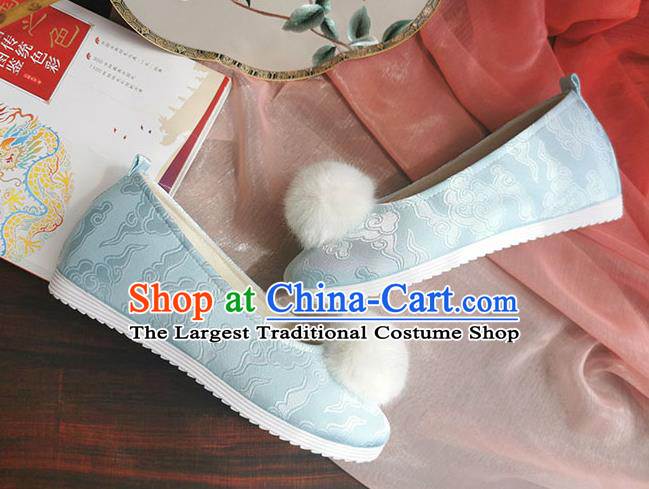 China Handmade Ming Dynasty Light Blue Satin Shoes Ancient Princess Shoes Traditional Hanfu Shoes