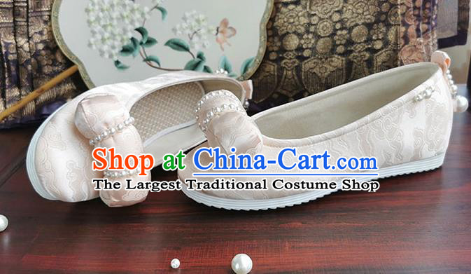 China Ancient Jin Dynasty Princess Shoes Handmade Champagne Cloth Shoes Traditional Hanfu Pearls Shoes