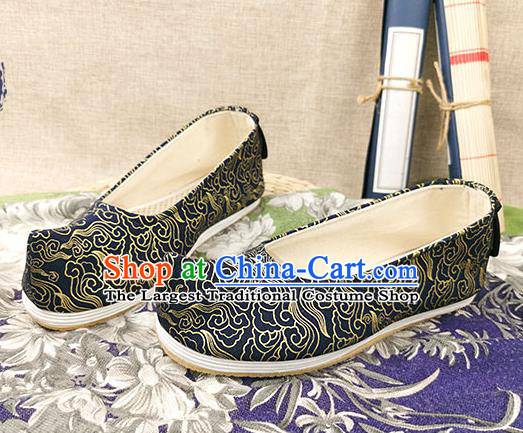 Chinese Ancient Noble Childe Shoes Traditional Ming Dynasty Emperor Shoes Navy Brocade Bow Shoes