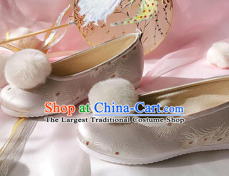 China Ancient Princess Shoes Classical Pink Brocade Shoes Traditional Hanfu Embroidered Peacock Feather Shoes