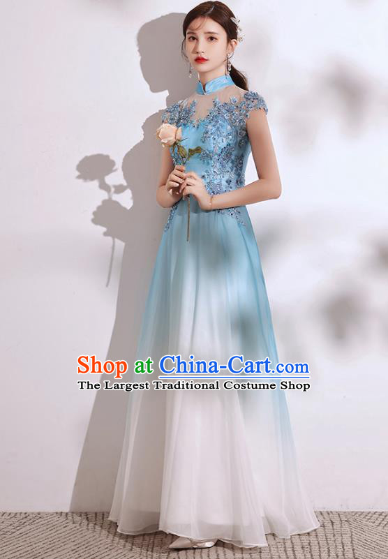 China Chorus Group Costumes Annual Meeting Compere Clothing Catwalks Blue Dress