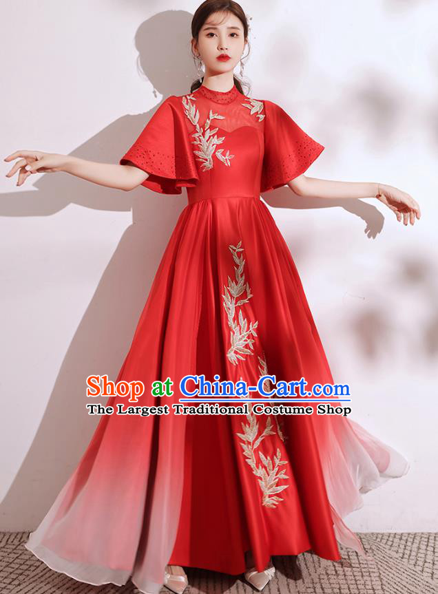 China Chorus Group Performance Costumes Annual Meeting Compere Clothing Stage Show Red Satin Full Dress