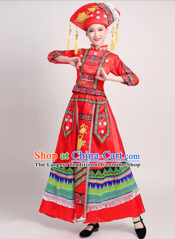 China Yao Minority Folk Dance Dress Zhuang Nationality Clothing Yunnan Ethnic Performance Red Outfits and Headwear