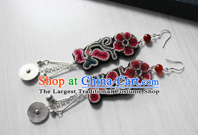China Guizhou Ethnic Miao Silver Earrings Traditional Cheongsam Embroidered Ear Accessories