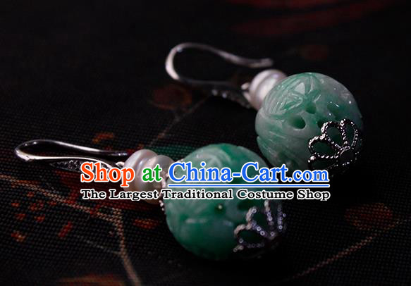 China Handmade National Jadeite Carving Earrings Traditional Cheongsam Pearls Ear Jewelry