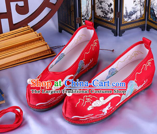Chinese Traditional Wedding Red Satin Shoes Ming Dynasty Embroidered Landscape Shoes Ancient Bride Bow Shoes