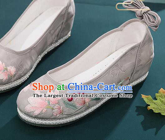 Chinese Embroidery Mangnolia Shoes Traditional Hanfu Grey Cloth Shoes Classical Dance Shoes
