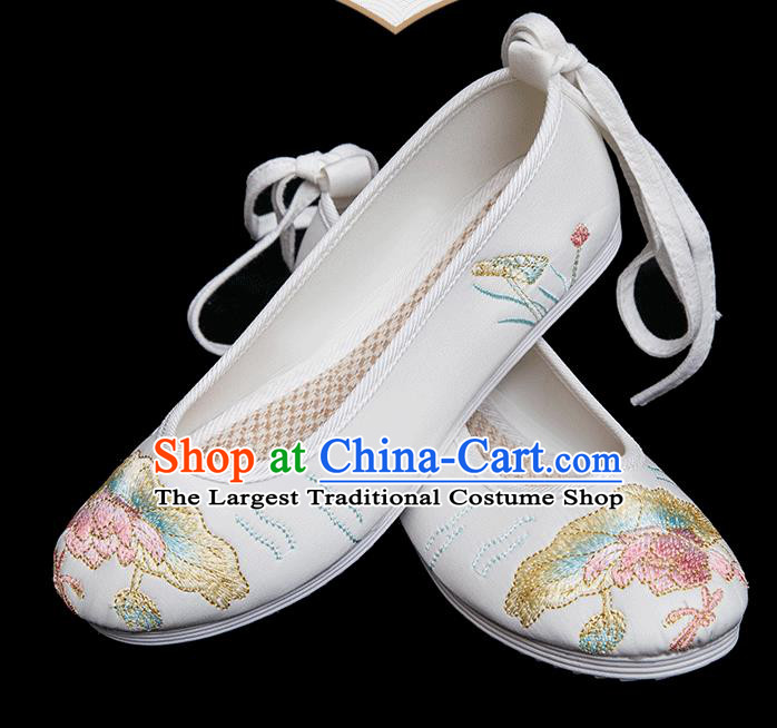 Chinese Handmade White Cloth Shoes Classical Dance Shoes Traditional Embroidered Lotus Shoes