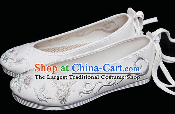 Chinese National Woman Shoes Classical Embroidered Butterfly Shoes Traditional White Cloth Shoes