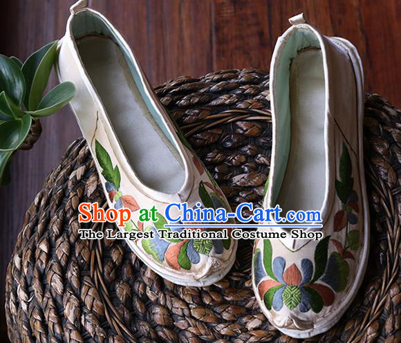 Chinese Hand Embroidered Apricot Satin Shoes Traditional National Shoes Yunnan Ethnic Dance Shoes