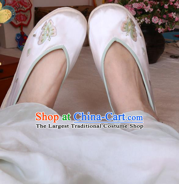 Chinese Hand Embroidered Butterfly White Satin Shoes Traditional National Strong Cloth Soles Shoes Ethnic Woman Shoes