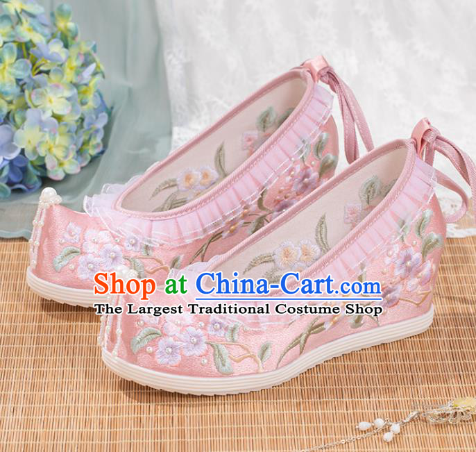 Chinese Traditional Pink Satin Pearls Shoes Classical Wedge Heel Shoes National Embroidery Flowers Shoes