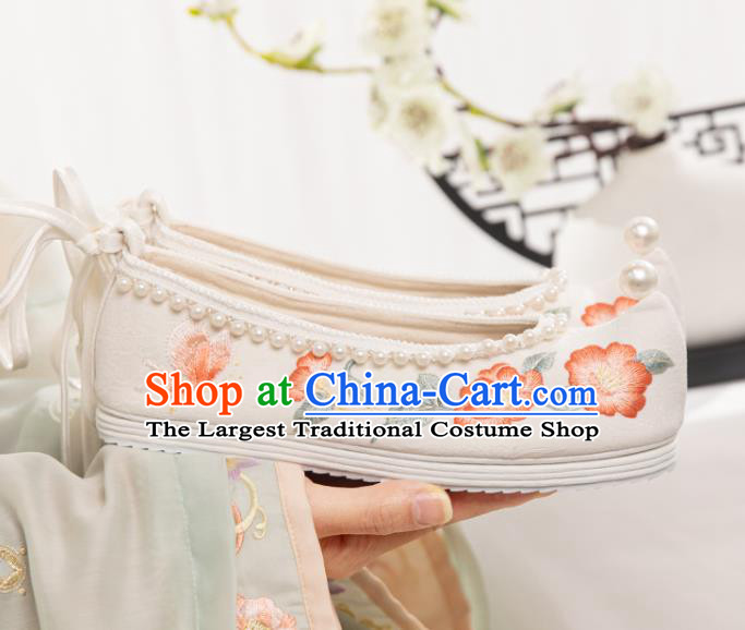 China Traditional Hanfu Shoes Ming Dynasty White Cloth Bow Shoes Ancient Princess Embroidery Shoes
