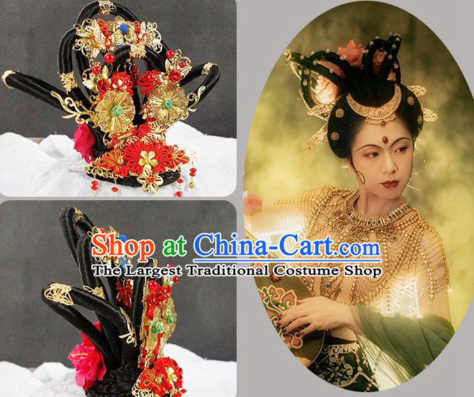 China Traditional Tang Dynasty Imperial Concubine Headwear Classical Flying Apsaras Dance Wigs Chignon and Hair Accessories