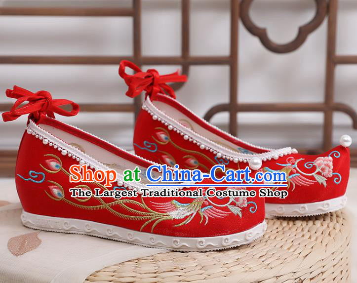 Chinese National Embroidery Phoenix Peony Shoes Traditional Wedding Red Cloth Shoes Classical Bride Pearls Shoes