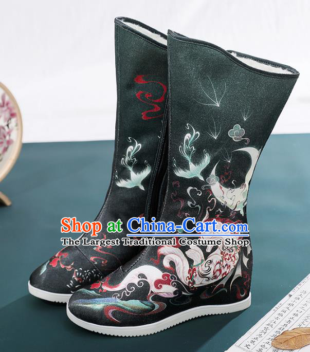 Chinese Ancient Swordswoman Black Boots Traditional Hanfu Footwear Embroidery Shoes