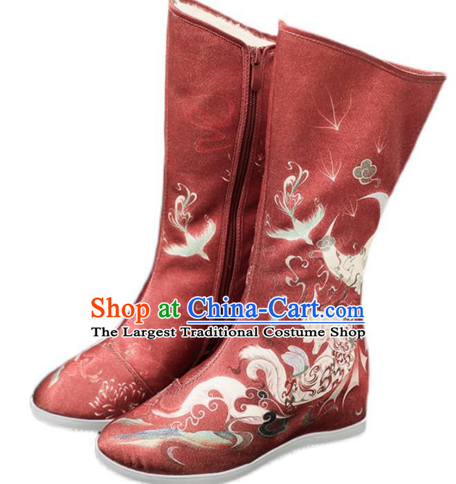 Chinese Embroidery Shoes Ancient Swordswoman Red Boots Traditional Hanfu Footwear