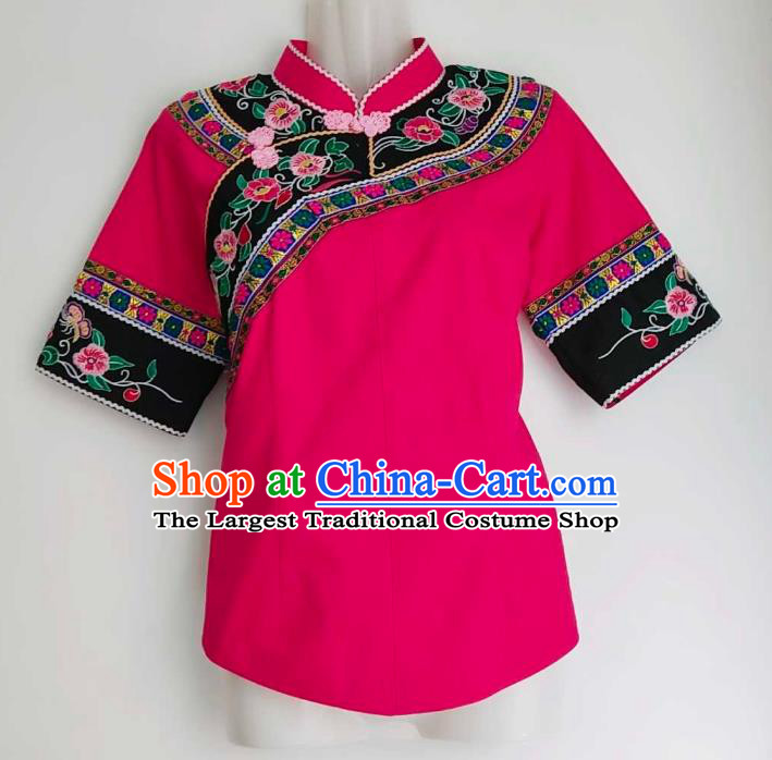 Chinese Bouyei Nationality Blouse Woman Short Sleeve Top Garment Ethnic Embroidered Rosy Shirt Clothing