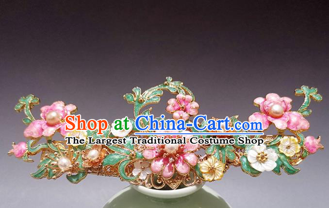 Chinese Ancient Court Lady Pearls Hairpin Traditional Ming Dynasty Enamel Peach Blossom Hair Stick