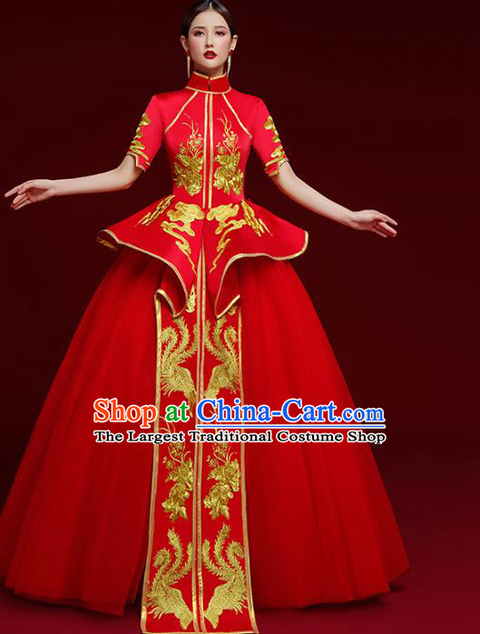 China Wedding Red Brocade Full Dress Stage Show Clothing Catwalks Compere Cheongsam Garment