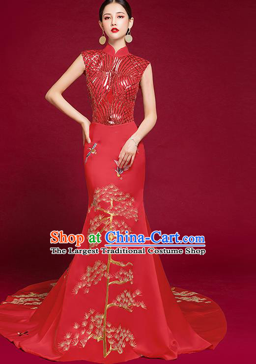 China Catwalks Embroidered Sequins Garment Compere Red Cheongsam Dress Stage Show Wedding Clothing Bride Trailing Full Dress