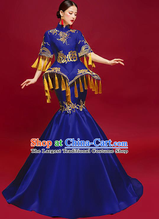 China Stage Show Fishtail Full Dress Catwalks Clothing Compere Embroidered Royalblue Satin Dress Cheongsam Garment