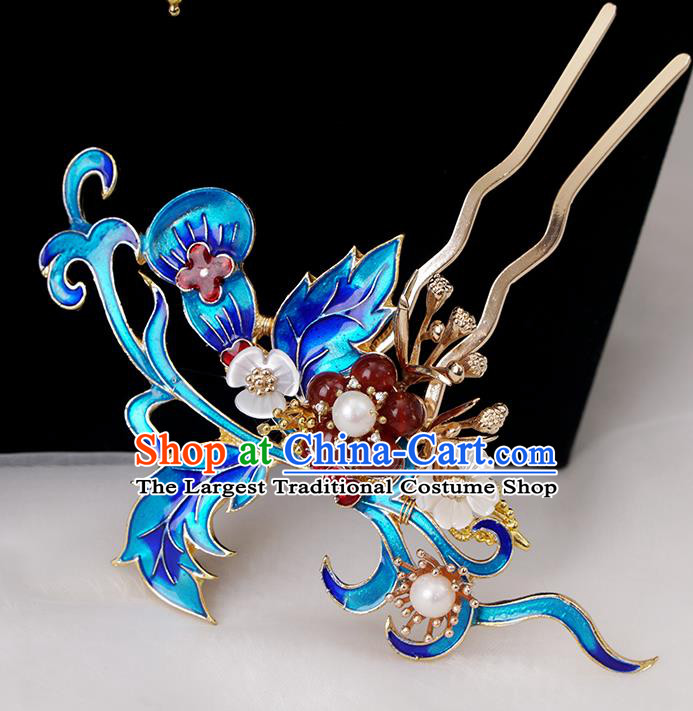 Chinese Ancient Princess Blueing Hairpin Traditional Ming Dynasty Shell Flower Hair Stick
