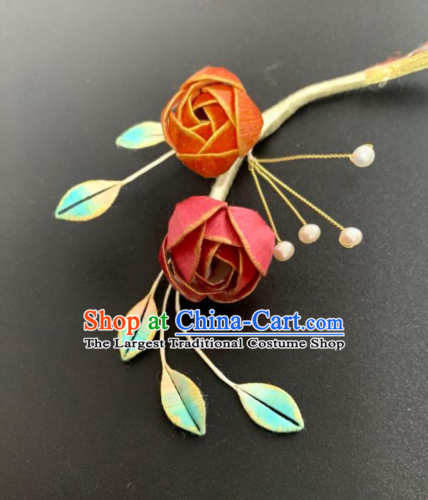 China Handmade Silk Rose Hairpin Traditional Hanfu Hair Accessories Ancient Song Dynasty Young Lady Hair Stick