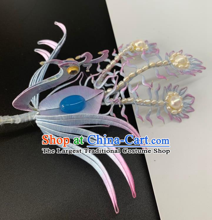China Handmade Lilac Silk Phoenix Hairpin Traditional Hanfu Hair Accessories Ancient Ming Dynasty Princess Pearls Hair Crown