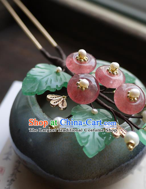 Chinese Ancient Court Beauty Pearls Hairpin Hair Accessories Traditional Qing Dynasty Strawberry Quartz Hair Stick